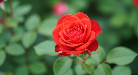 Fototapeta premium A single vibrant red rose blooms majestically in a garden surrounded by lush green leaves creating a picturesque natural landscape