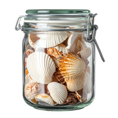 Glass jar filled with various seashells and sea treasures.