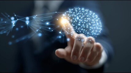 Digital Cognition: A close-up shot of a hand interacting with a glowing digital brain, symbolizing innovation, and technological advancement.