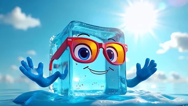 A smiling ice cube wearing sunglasses, sitting on a tiny puddle of water under a bright sun &mdash; symbol of coolness and melting fun.
