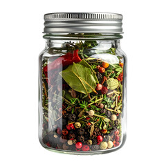 Glass jar filled with a variety of dried herbs and spices.