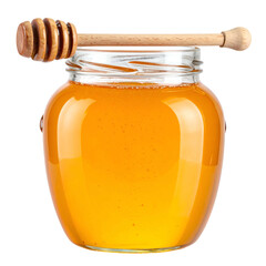 Glass jar filled with golden honey and a wooden dipper rests on top.