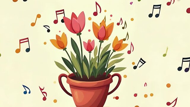 A cheerful cartoon flower pot with blooming petals, dancing joyfully with music notes around &mdash; happiness and growth.

