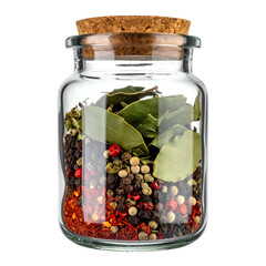 Glass jar filled with assorted spices and bay leaves, sealed with cork.