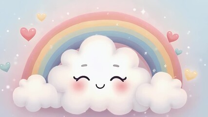 A soft pastel rainbow wrapping around a smiling white cloud with hearts and sparkles — love and hope concept.
 - Powered by Adobe