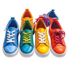 Colorful athletic shoes are displayed against a dark background.