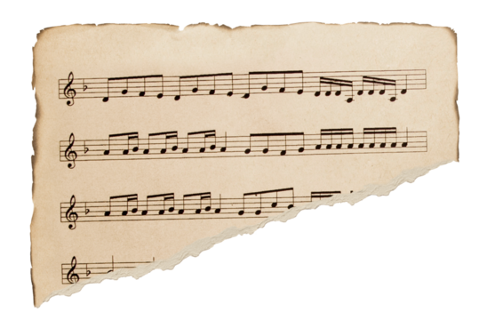 Scrap of old music sheet, vintage yellowed ripped paper with notes isolated. Piece of old torn vintage music sheet. 