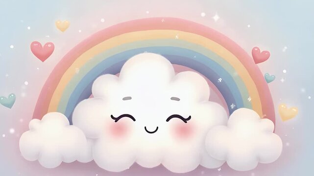 A soft pastel rainbow wrapping around a smiling white cloud with hearts and sparkles &mdash; love and hope concept.
