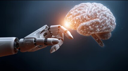 Artificial Intelligence: a futuristic and digital artwork featuring a robotic hand reaching towards a glowing brain, symbolizing the dynamic interplay between technology and human intellect. - Powered by Adobe