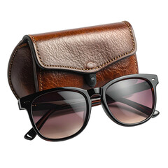 Classic sunglasses with a brown leather case rest on black background.