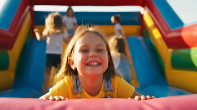 Joyful Little Girl Laughs Happily on a Colorful Bouncy Castle.