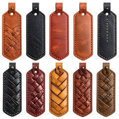 Collection of diverse, handcrafted leather keychains and tags.