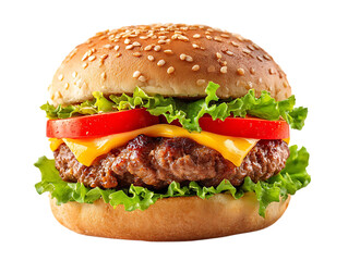 Delicious hamburger with fresh ingredients isolated on transparent background, close up