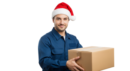 Smiling delivery man in blue uniform wearing Santa hat holding cardboard parcel