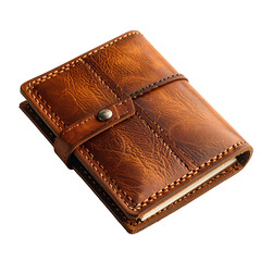 Distressed leather journal with strap closure and visible stitching.