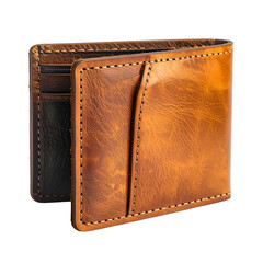 Rustic brown leather wallet with multiple card slots on black background.