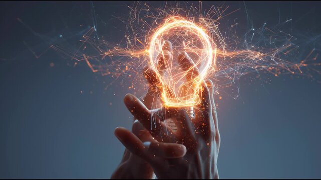 Illuminating Innovation: A hand delicately interacts with a glowing energy of lightbulb, symbolizing the birth of creativity and innovation.