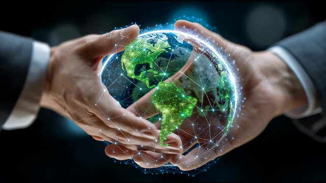 Global Partnership: Two hands clasped together, cradling a glowing globe, symbolizing collaboration and unity for a brighter world. Capturing themes of sustainability and environmental responsibility