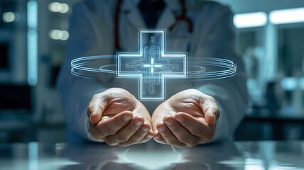Doctor s hands gently hold a glowing digital medical cross symbolizing advanced healthcare technology and innovative patient care solutions in a modern medical setting