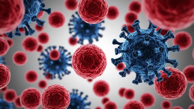 Microscopic View of Viruses and Blood Cells - This video presents a detailed, microscopic view of viruses depicted in blue alongside red blood cells.