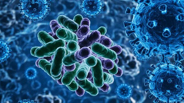 Microbial Interaction in a Blue Environment - This video showcases a vibrant microscopic view of microorganisms, including bacteria represented in green and purple, set against a backdrop of blue