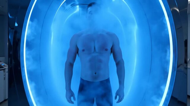 Cryotherapy Chamber with Man - A shirtless man stands inside a cryotherapy chamber, surrounded by a blue-lit environment.