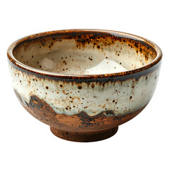 Rustic ceramic bowl displays speckled glaze and earthy tones.