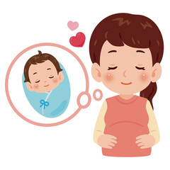お腹に手を当てた妊婦さんと胎内の赤ちゃん　上半身イラスト／Pregnant Woman Touching Her Belly with Baby Illustration in Speech Bubble　upper body illustration