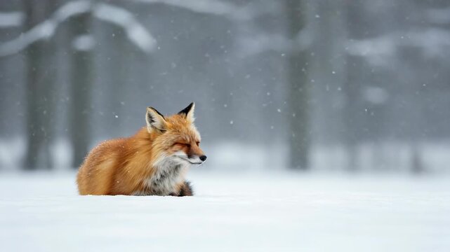 Red fox resting in the snow during a winter snowfall in a forest setting