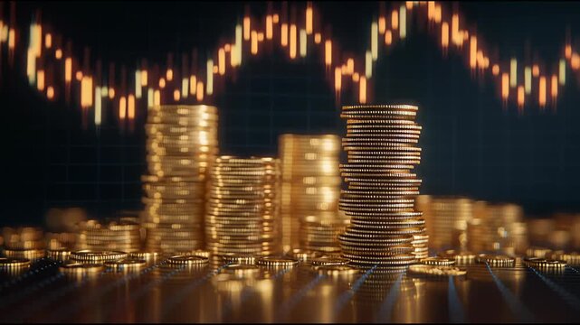 Market Momentum: The close-up view presents an appealing arrangement of shining gold coins. A blurred graph forms the background, symbolizing financial growth and opportunity.