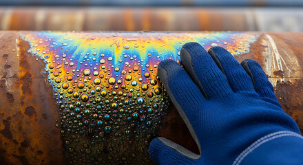 Mancha Aceite Iridiscente en Superficie Metálica, Textura Industrial, Gotas Agua Coloridas, Detalle Macro