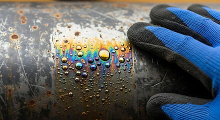 Mancha Aceite Iridiscente en Superficie Metálica, Textura Industrial, Gotas Agua Coloridas, Detalle Macro