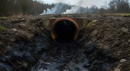Polluted Water Flowing Under Pipe into Wetlands