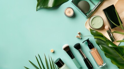 Curated Vegan Cosmetic Arrangement—Featuring Products in Soft Natural Tones—Set Against a Smooth Teal Background, Blending Eco-Friendly Beauty with Modern Styling for Beauty, Lifestyle, or Decor Visua