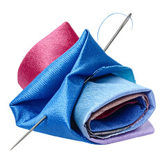 Needle pierces layers of colorful silk fabric with thread on black.