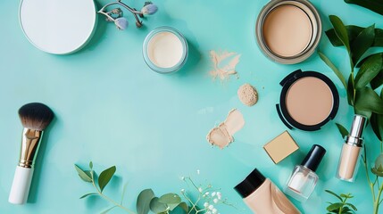 Curated Vegan Cosmetic Arrangement—Featuring Products in Soft Natural Tones—Set Against a Smooth Teal Background, Blending Eco-Friendly Beauty with Modern Styling for Beauty, Lifestyle, or Decor Visua