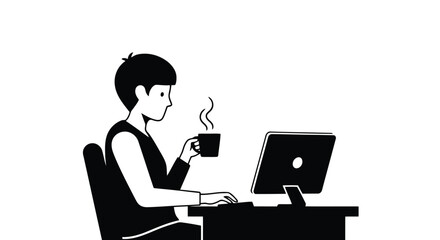 Person working on computer with a hot drink, black and white illustration