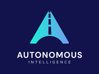 Autonomous Vehicle Intelligence with Road shape overlapping in letter A futuristic technology logo vector design concept. Autonomous Technology logo for ui, identity, advance technology, automations.