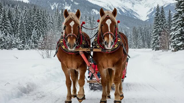 Two brown horses pulling a sleigh through a snowy forest in winter time