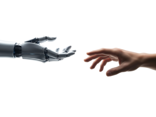 Human hand reaching for robot hand isolated on transparent background