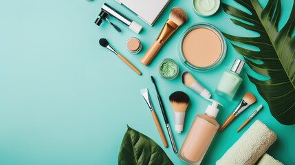 Curated Vegan Cosmetic Arrangement—Featuring Products in Soft Natural Tones—Set Against a Smooth Teal Background, Blending Eco-Friendly Beauty with Modern Styling for Beauty, Lifestyle, or Decor Visua