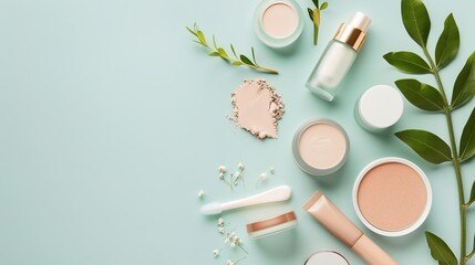 Curated Vegan Cosmetic Arrangement—Featuring Products in Soft Natural Tones—Set Against a Smooth Teal Background, Blending Eco-Friendly Beauty with Modern Styling for Beauty, Lifestyle, or Decor Visua