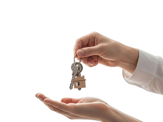 Hand passing house keys to another hand isolated on transparent background