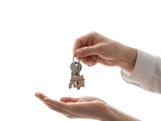 Hand passing house keys to another hand isolated on transparent background