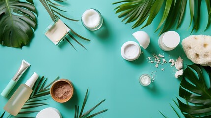 Curated Vegan Cosmetic Arrangement—Featuring Products in Soft Natural Tones—Set Against a Smooth Teal Background, Blending Eco-Friendly Beauty with Modern Styling for Beauty, Lifestyle, or Decor Visua