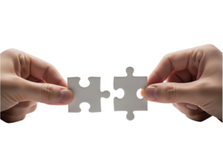 Two hands connecting puzzle pieces isolated on transparent background