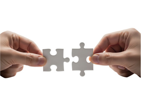 Two hands connecting puzzle pieces isolated on transparent background