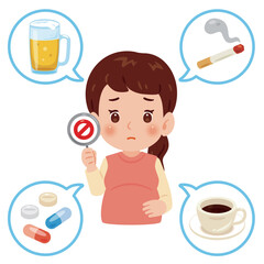 妊婦さんと摂取禁止マーク　上半身イラスト／Pregnant Woman with Prohibited Intake Signs　upper body illustration