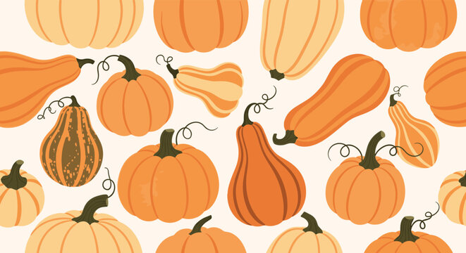 A delightful pattern of assorted autumnal gourds and pumpkins in warm orange hues.