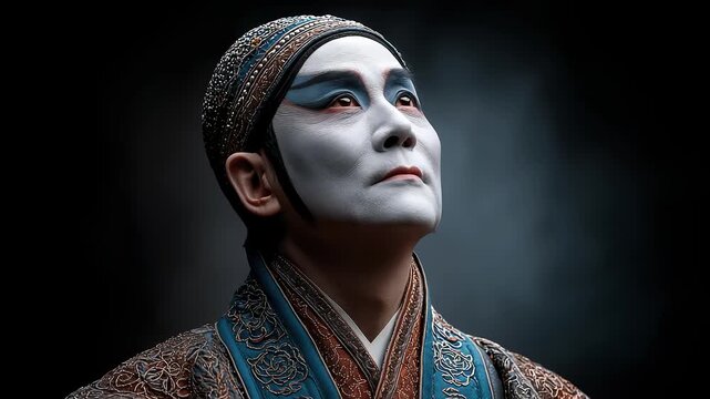 Close-up of Peking Opera Character Looking Upward with Solemn Expression